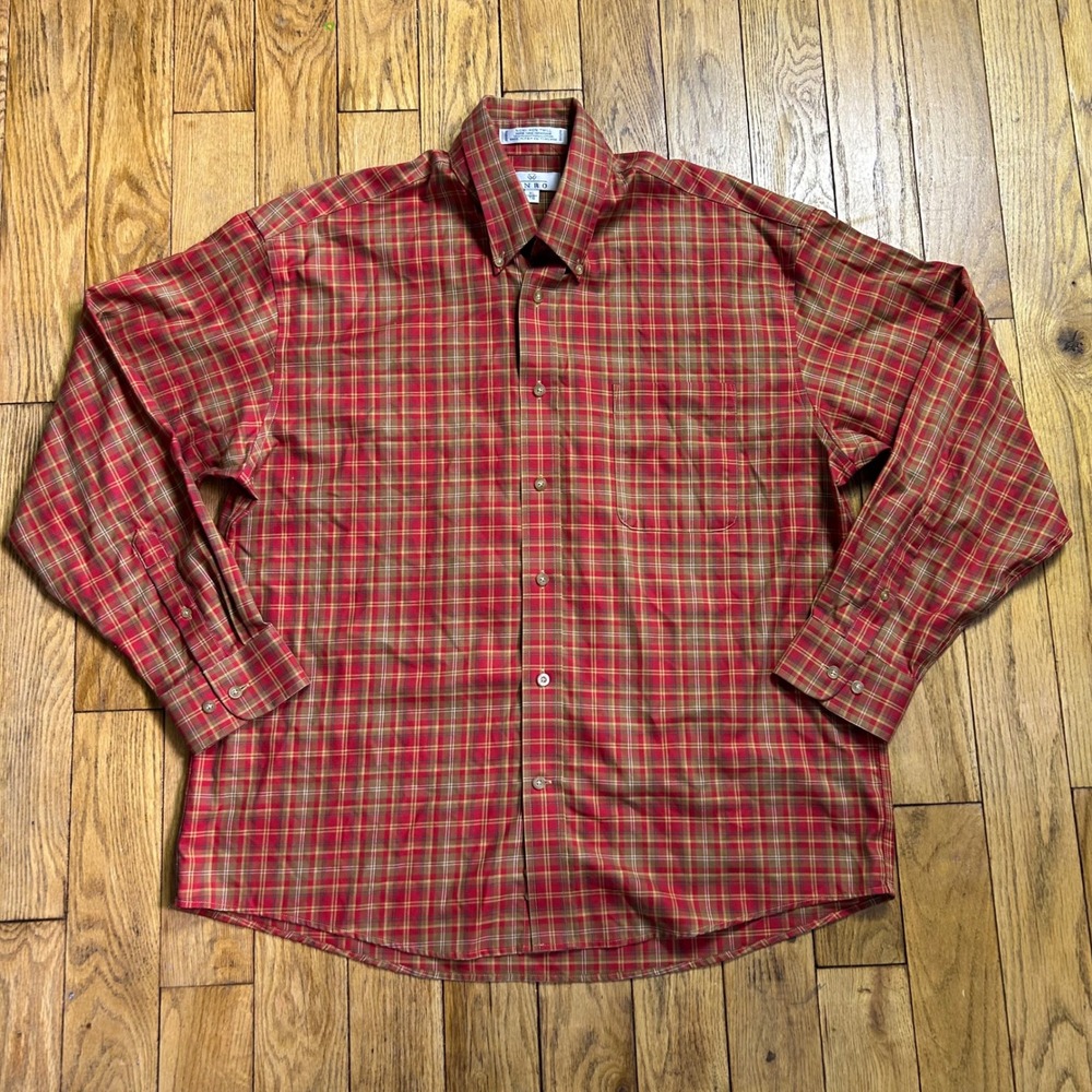 Enro Mens XL Red Tan Plaid Non-Iron Twill Long Sleeve Button Down Shirt Cotton